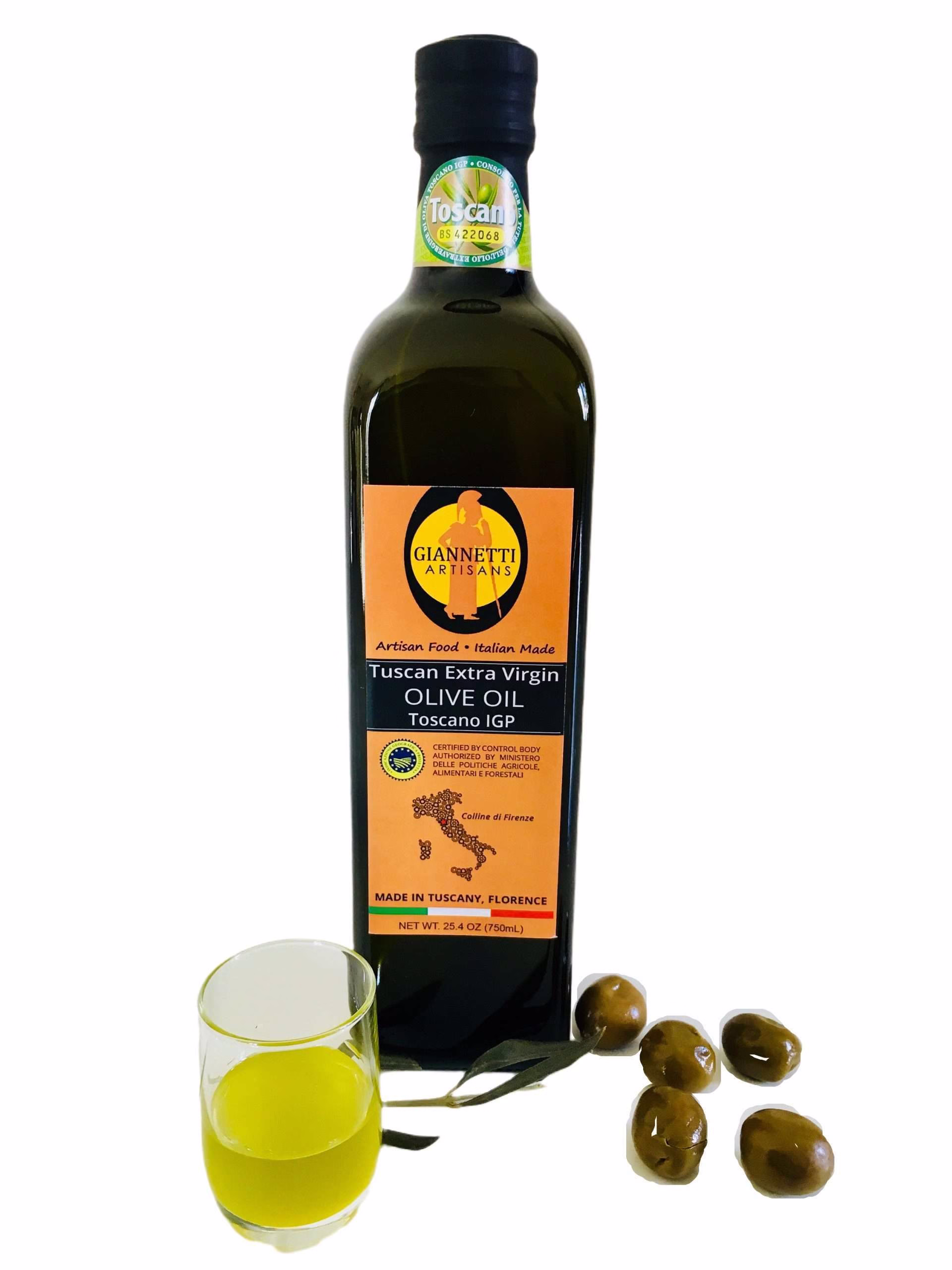Certified Olive Oil Giannetti Artisans 25 oz Certified olive oil from Tuscany by Giannetti Artisans in a 25 oz glass bottle.