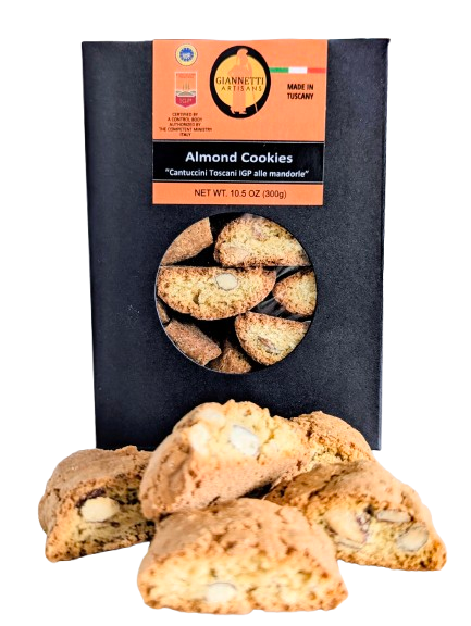 Giannetti Artisans Almond Biscotti and box Black packaging of Giannetti Artisans Almond Biscotti with actual cookies in front of the box