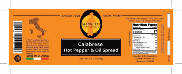 Orange Giannetti Artisans Calabree Hot Pepper Spread Nutrition Facts Label
