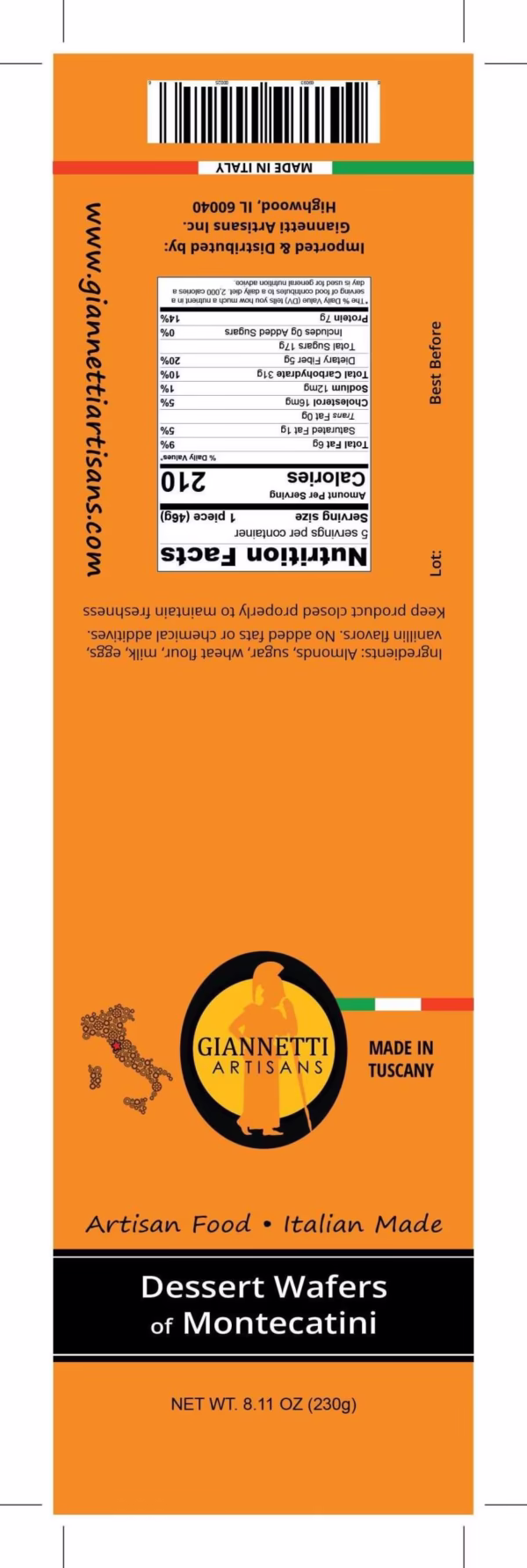 Orange Nutrition Facts Label of Giannetti Artisans Montecatini Dessert Wafers