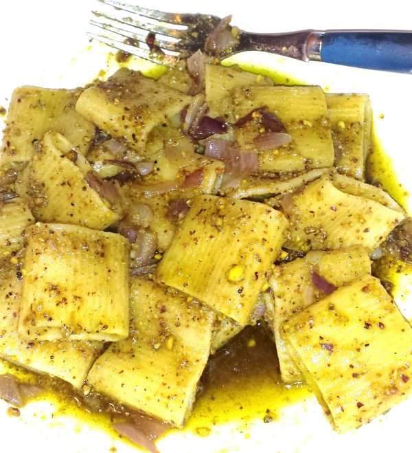 Picture of a plate of pasta for our Pistachio Pesto Recipe