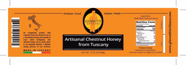 Orange Nutrition Facts Label of Giannetti Artisans Italian Chestnut Honey 17.63 oz jar