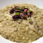 Close up of cooked rice for the Giannetti Artisans Chicken and Pistachio Pesto Risotto Recipe.