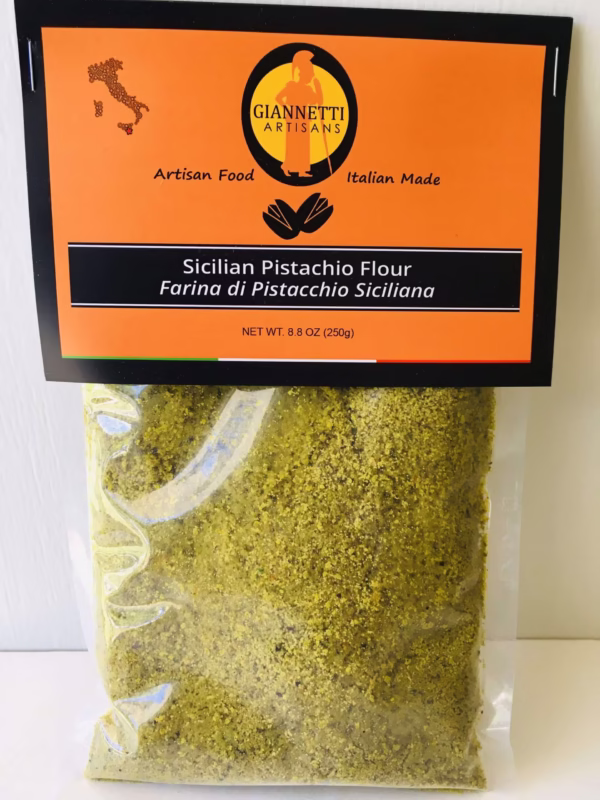 Front view of an 8.8 oz bag of Giannetti Artisans Pistachio Flour from Italy