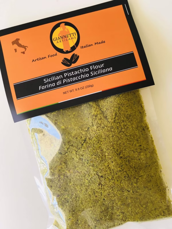Top view of an 8.8 oz Giannetti Artisans Sicilian Pistachio Flour package on a white background