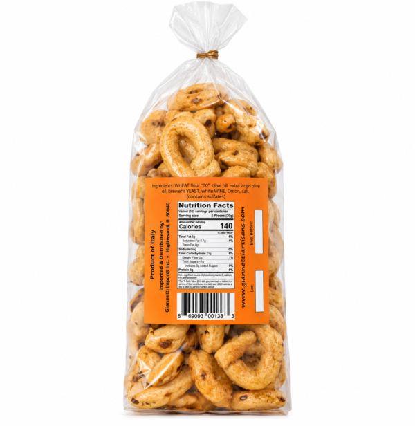 Back view of Onion Taralli Crackers package with ingredients and nutrition information