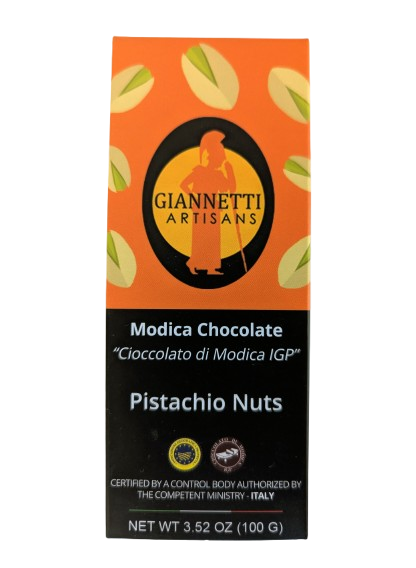 Modica Chocolate Pistachio 3.52 oz package of Giannetti Artisans Modica Pistachio Chocolate Bar