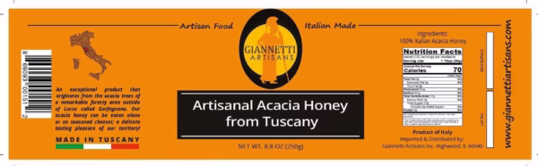 Orange Nutrition Facts Label of Giannetti Artisans Raw Acacia Honey for an 8.8 oz jar