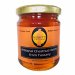 One 8.8 oz jar of Giannetti Artisans Unpasteurized Chestnut Honey on white background