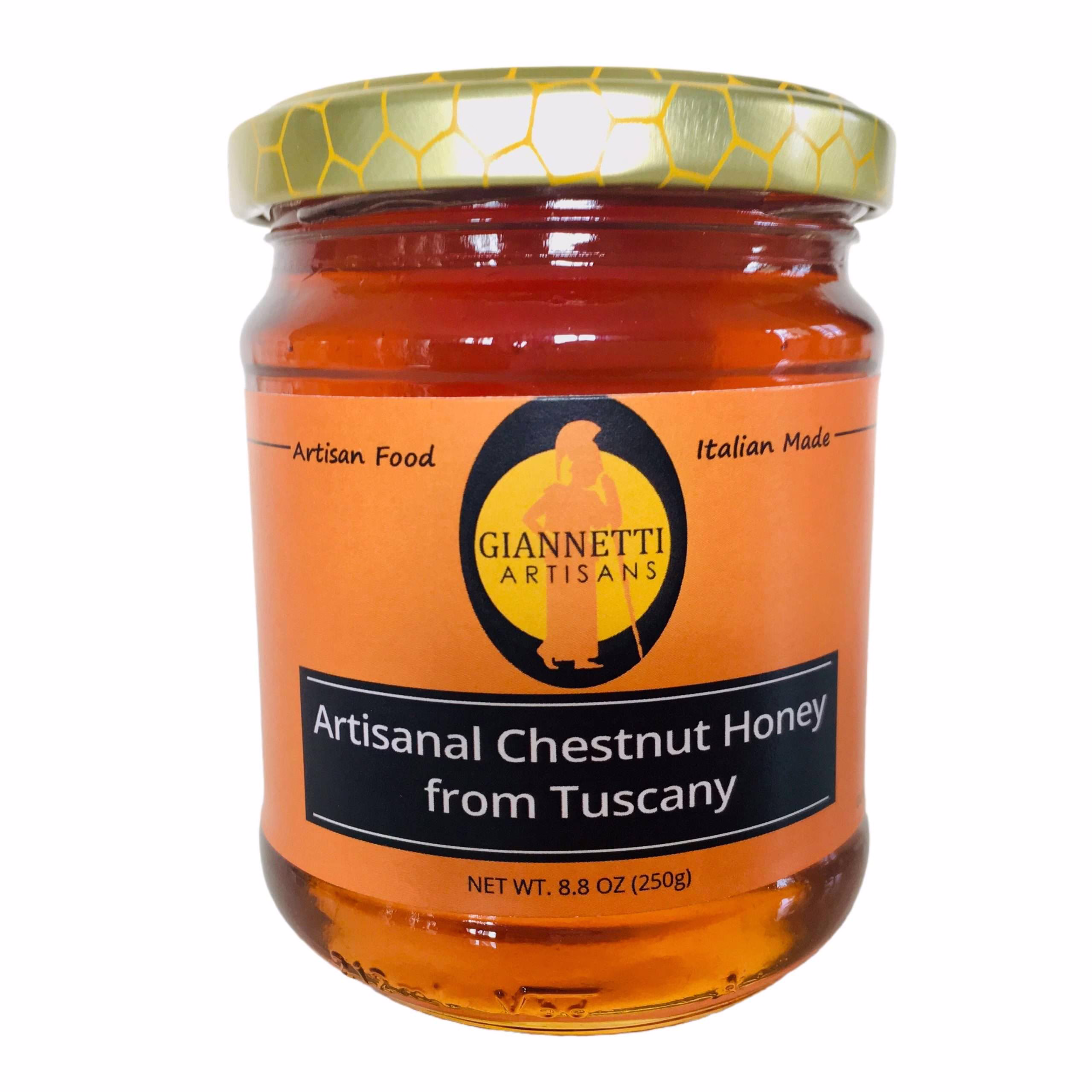 Raw Chestnut Honey 8.8 oz Front One 8.8 oz jar of Giannetti Artisans Unpasteurized Chestnut Honey on white background