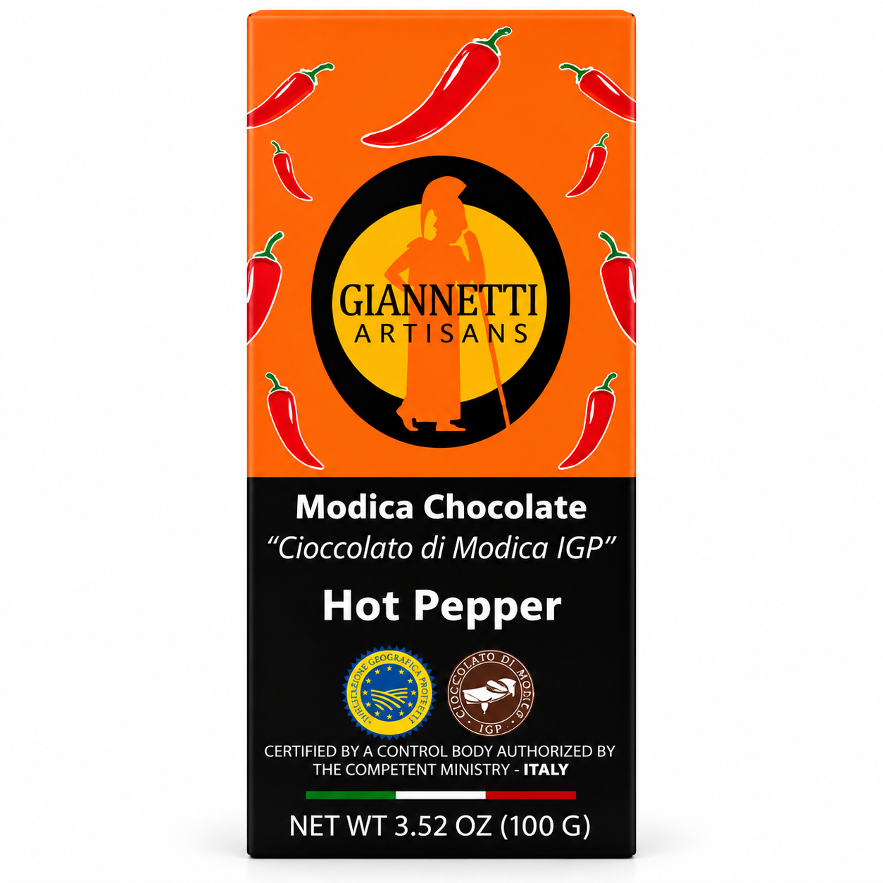 Giannetti Artisans Modica Chocolate Bar Sicily, Hot Pepper Front View Single Pack Modica Hot Pepper Chocolate from Sicily – Giannetti Artisans