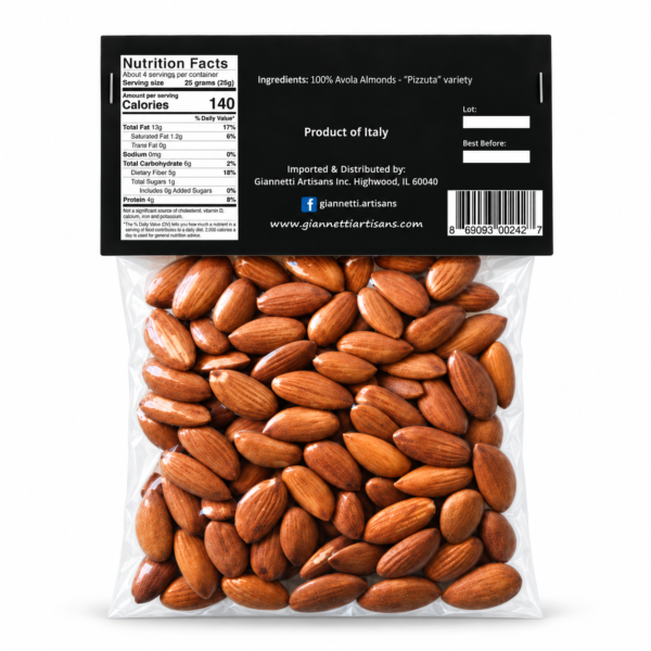 Sicilian Avola Almonds package back label – Giannetti Artisans