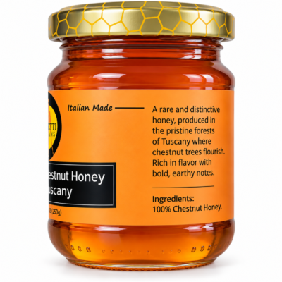 Side view of Raw Chestnut Honey jar from Tuscany