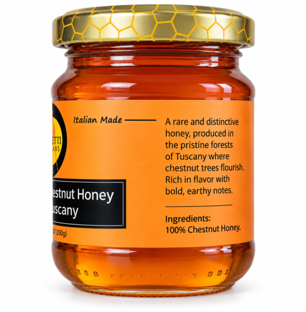 Side view of Raw Chestnut Honey jar from Tuscany