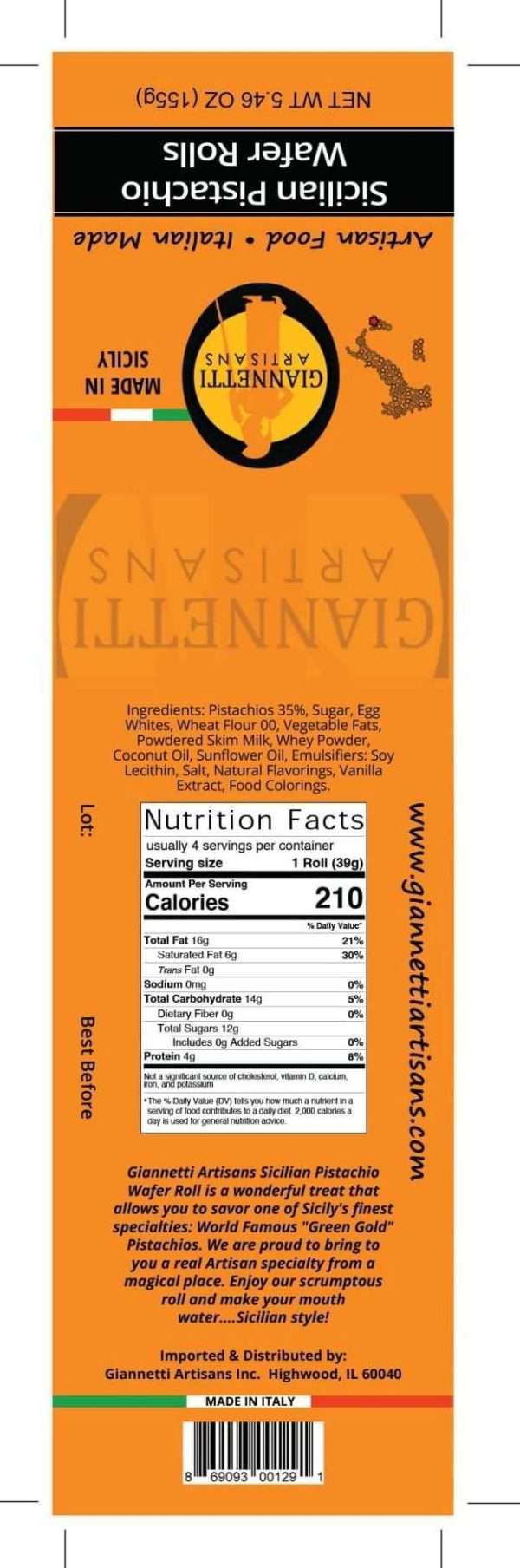 Nutrition Facts for Sicilian Pistachio Wafer Rolls