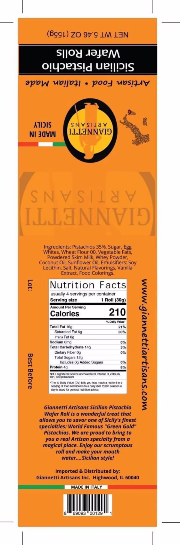 Orange Nutrition Facts Label of Giannetti Artisans Sicilian Pistachio Wafer Rolls