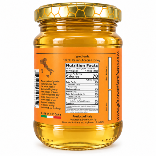 Side view of Italian Acacia Honey jar from Tuscany