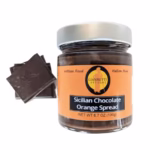 7 oz  jar of Giannetti Artisans Sicilian chocolate orange spread with pieces of chocolate on the side on a white background