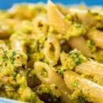 Close up of penne pasta made to display the outcome of Giannetti Artisans Sicilian Pistachio Pesto Recipe