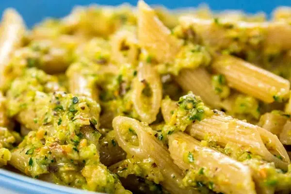 Close up of penne pasta made to display the outcome of Giannetti Artisans Sicilian Pistachio Pesto Recipe