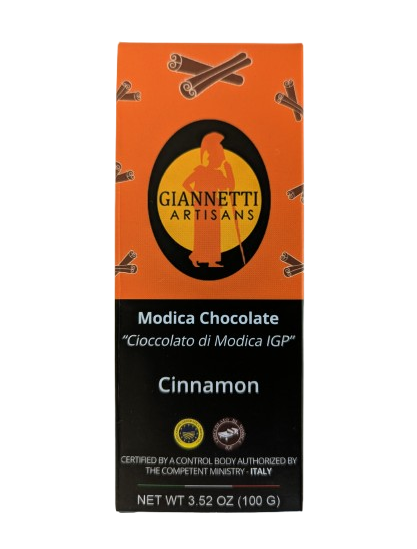Modica Chocolate Cinnamon 3.52 oz package of Giannetti Artisans Modica Cinnamon Chocolate Bar