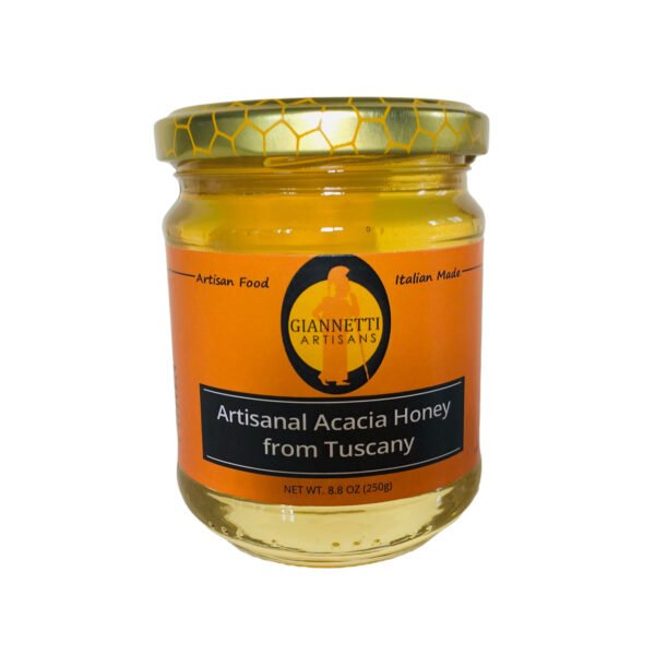 Front view of a 8.8 oz Giannetti Artisans Raw Acacia honey jar on a white background