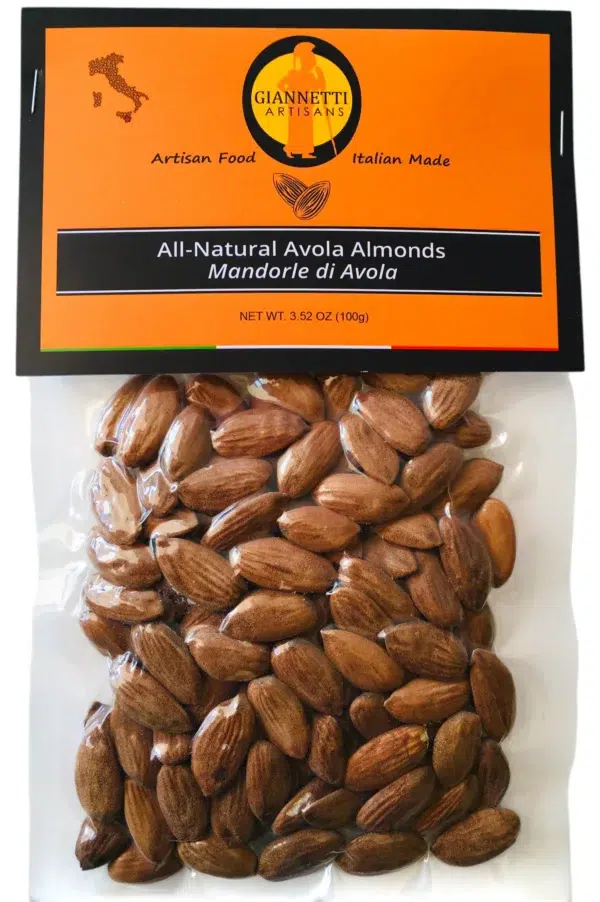 Close up of a single package of Giannetti Artisans Avola Almonds from Sicily