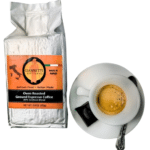 Giannetti Artisans product package of ground espresso coffee with espresso coffee and white cup prop