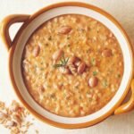 Top view of a ceramic bowl of farro soup for Giannetti Artisans Italian Farro Recipe