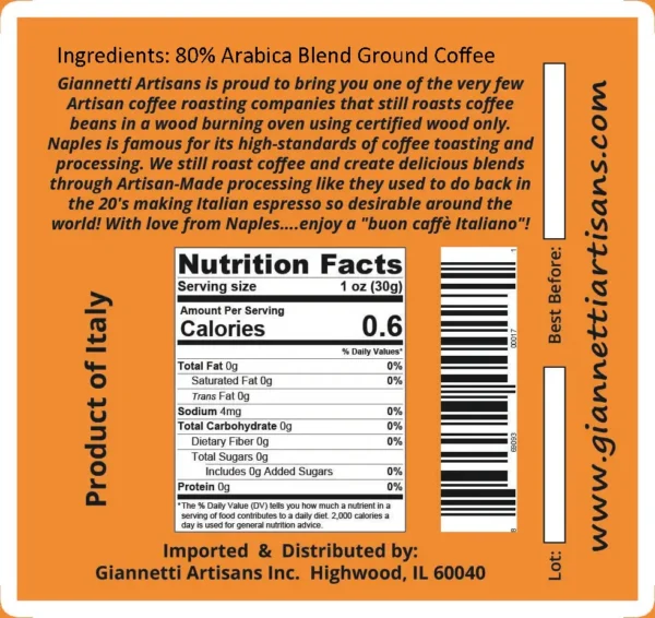Giannetti Artisans Espresso coffee nutrition facts back label