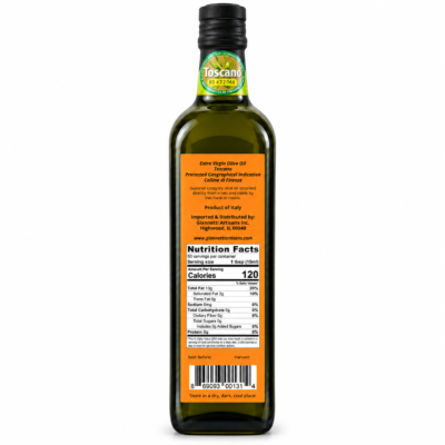 Back label of Giannetti Artisans certified Tuscan Extra Virgin Olive Oil