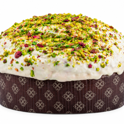 Side and back view of Giannetti Artisans Italian Panettone Cake with Pistachio Cream Filling