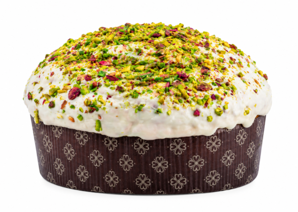 Side and back view of Giannetti Artisans Italian Panettone Cake with Pistachio Cream Filling