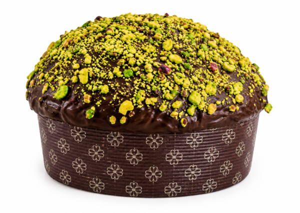 Side and back view of Giannetti Artisans Italian Panettone Cake with Salted Pistachio Cream Filling