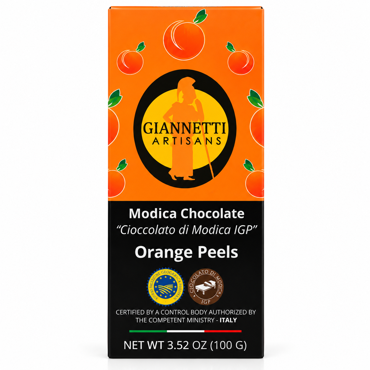 Giannetti Artisans Modica Chocolate Bar Sicily, Orange Front View Single Pack Modica Orange Chocolate from Sicily