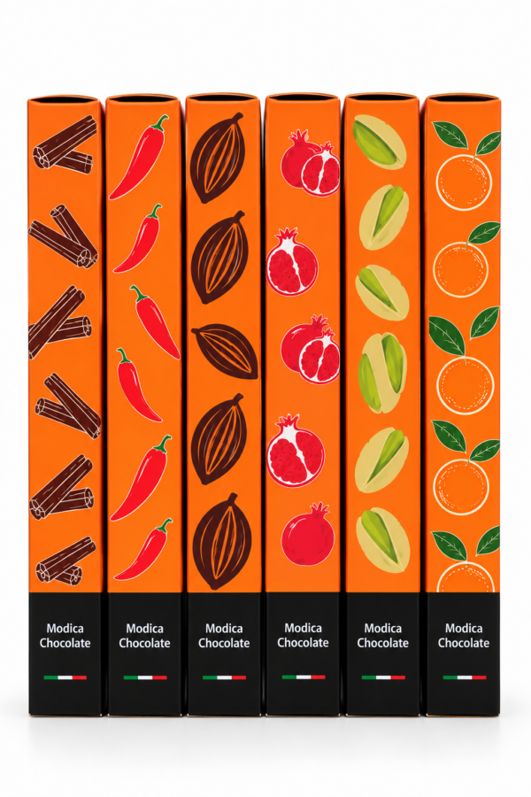 Side view of all Modica chocolate flavors
