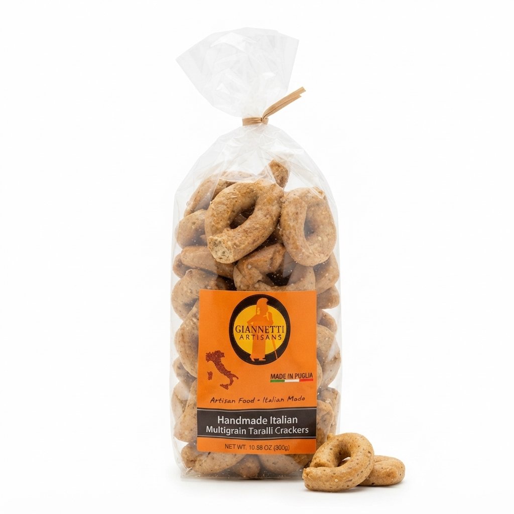 Giannetti Artisans Multigrain Taralli Crackers Puglia Front View Giannetti Artisans Multigrain Taralli Single Bag on white background