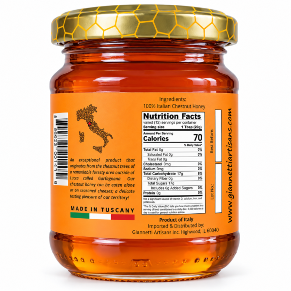Back view of Raw Chestnut Honey jar from Tuscany