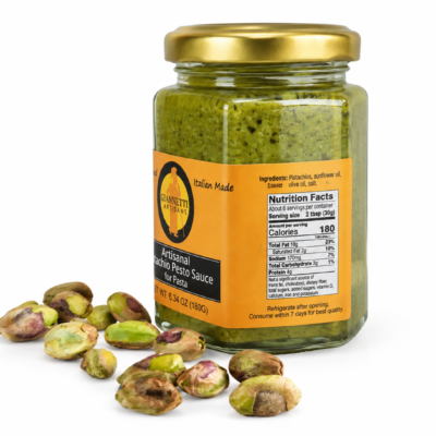 Giannetti Artisans Side view of artisan Sicilian pistachio pesto jar