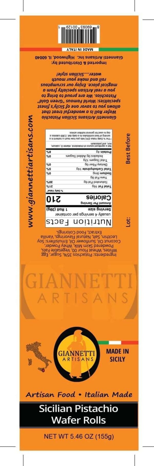 Giannetti Artisans Sicilian Pistachio Wafer Rolls Nutrition Facts